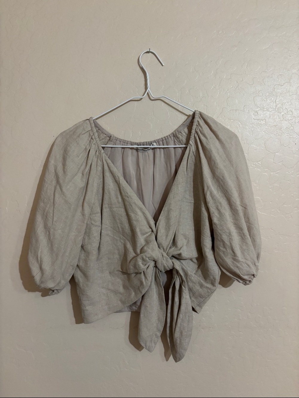 Tie-Front Puff Sleeve Top - Light Beige